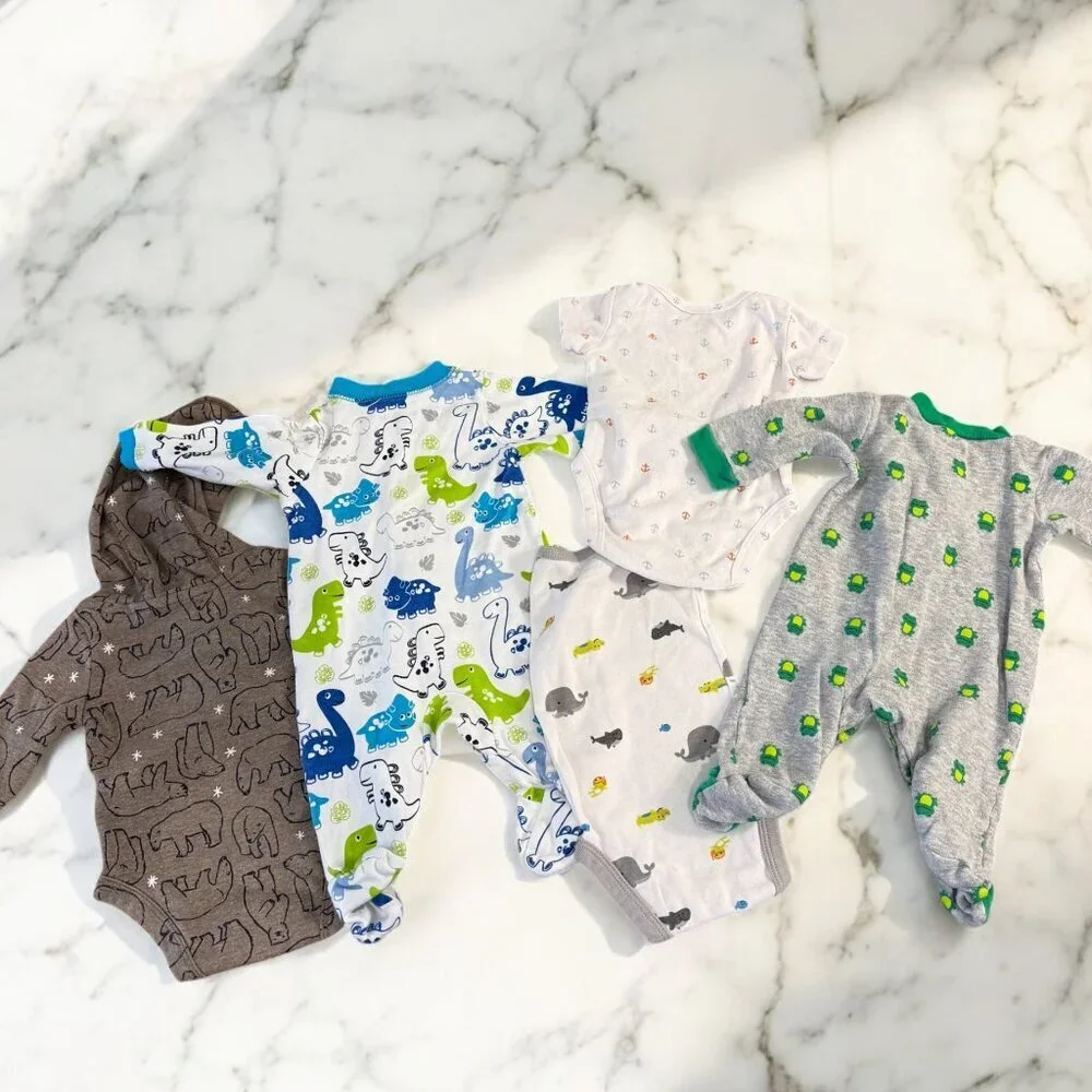 Newborn Size Baby Bundle 5 Piece Footies Bodysuits